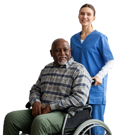 elderly man smile at caretaker