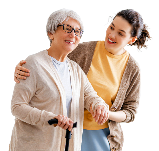 caretaker hug the elderly woman behind